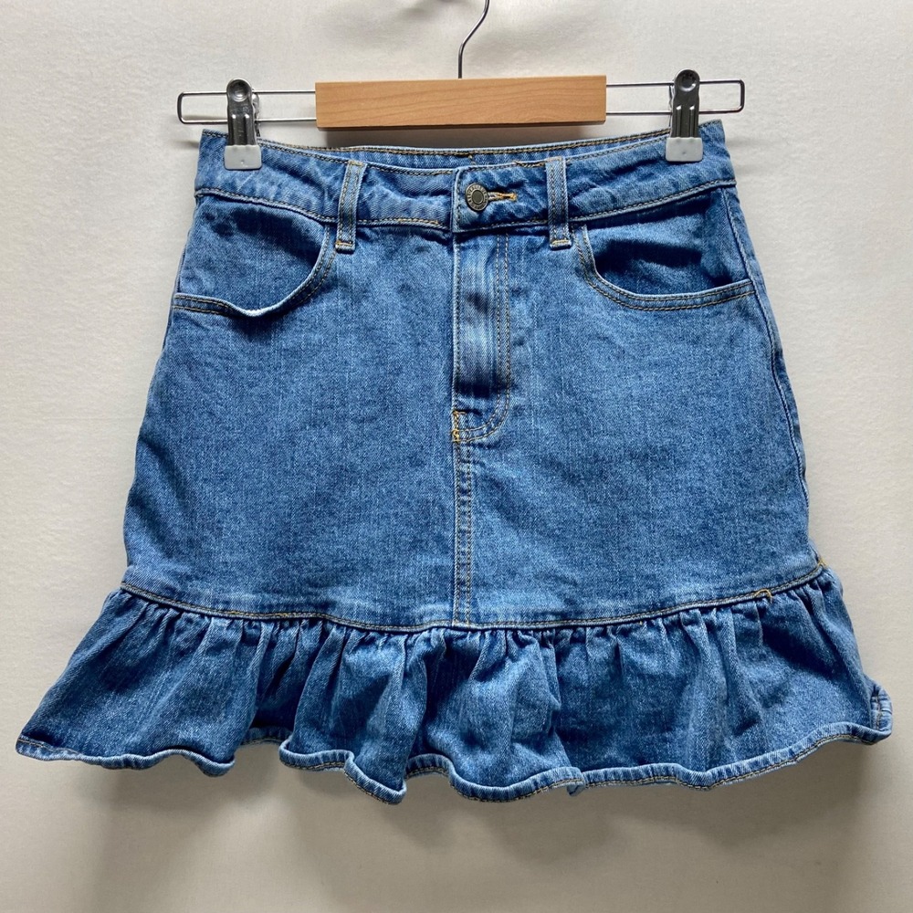Brandy Melville John Galt Denim Mini Skirt Women's Small Blue Ruffle Hem Y2K EUC